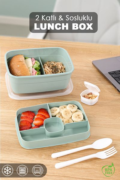 Meleni Home 2 Layer Divided Lunch Box - Food Transport Storage Container Diet Lunch Box Sauce Bowl Spoon Fork Green