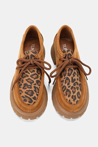 TUNAELLİ Women's Taban Suede Genuine Natural Leather Size 36-41 Leopard Patterned Lace up Shoes