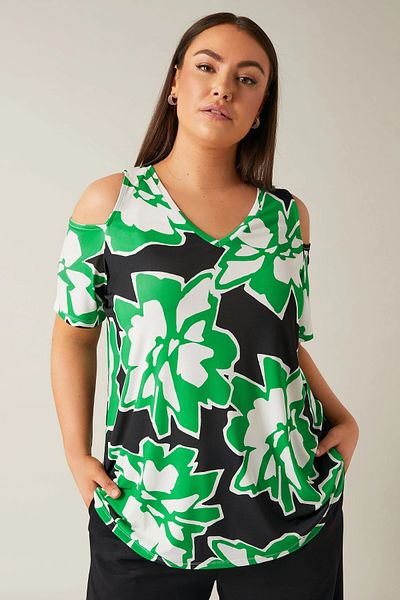 Stil Diva Large Size Open Shoulder Detail V-Neck Short Sleeve Print Blouse 615404