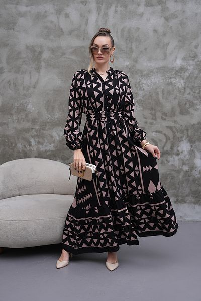 NAVY Full Length Buttoned Bat Sleeve Judge Collar Belt Dress