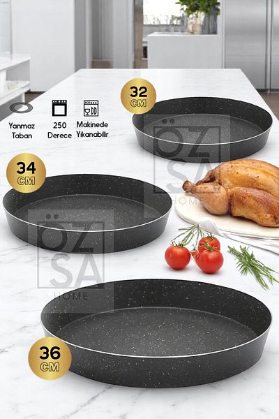 ÖzSa Home 3-Piece Granite Oven Tray Set Round Oven Tray Set 32-34-36 cm