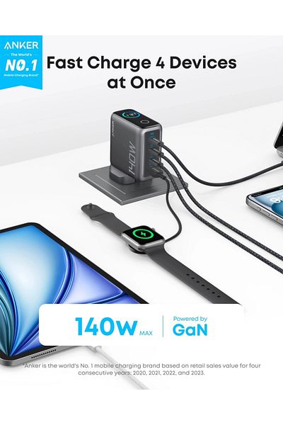 Anker شاحن جداري انكر بقوة 140 واط بثلاث منافذ تايب سي ومنفذ يو اس بي مع سلك تايب سي الى تايب سي اسود