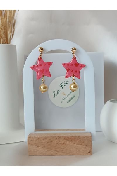 La fee aksesuar Pink Women's Earrings Polymer Clay Earrings Pink Star Pearl Earrings