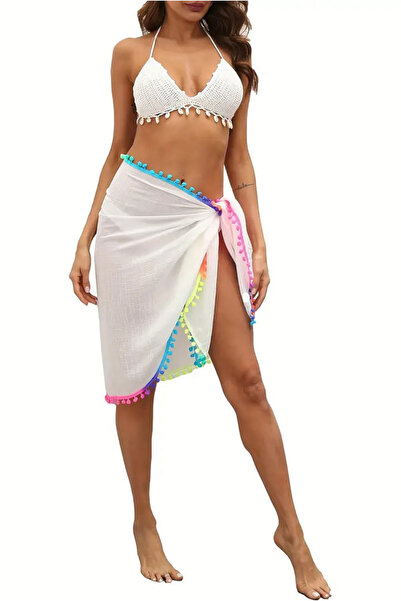 pistore Renkli Ponpon Detaylı Beyaz Şifon Pareo