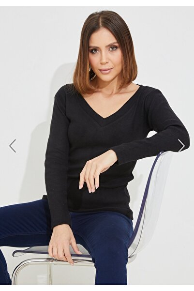 Alegante سترة نسائية برقبة على شكل حرف V باللون الأسود