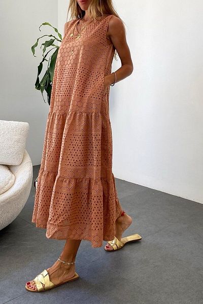 Suzi Φόρεμα 100% βαμβακερό αμάνικο Midi Size Camel Fishtail 26096
