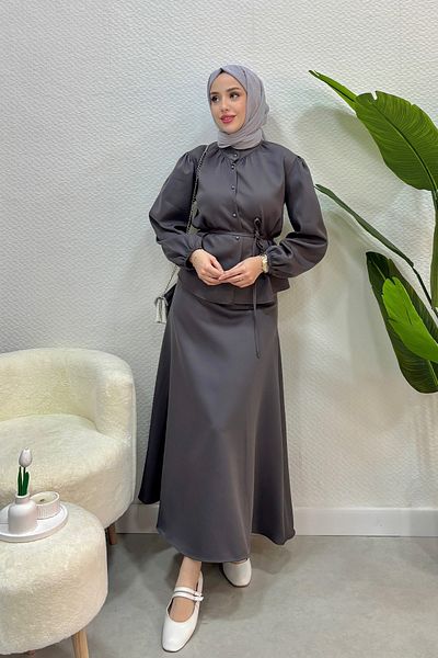 Tesettür Diyarı Women's Crepe Fabric Shirt 2-Piece Set-Anthracite
