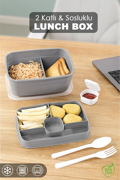 Meleni Home 2 Layer Divided Lunch Box - Food Transport Storage Box Diet Lunch Box Sauce Bowl Spoon Fork Gray