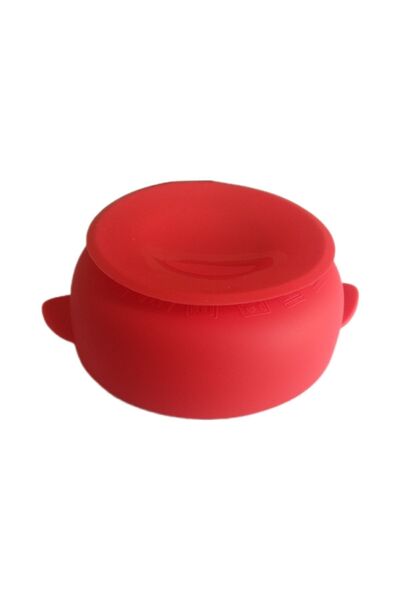 jojobebek Silicone Feeding Set, Silicone Vacuum Food Bowl with Lid, Silicone Bib, Fork-Spoon / Red