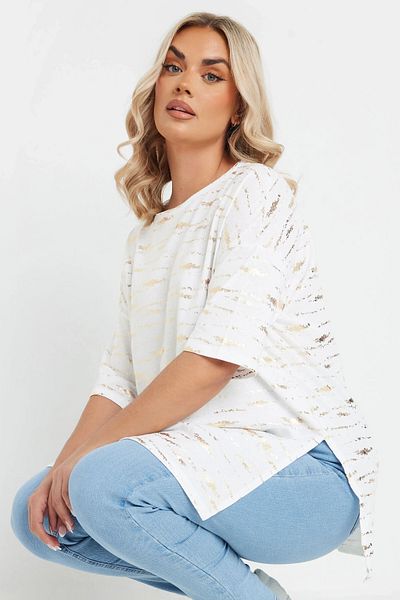 Stil Diva Large Size Short Sleeve Crew Neck Metallic Printed T-Shirt with Side Slits 303955