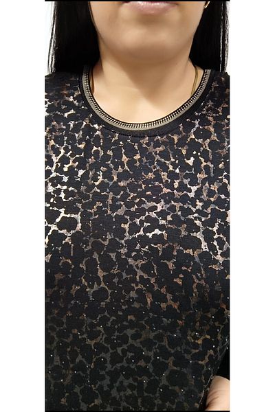 AKŞEN GİYİM Plus Size Leopard Print Stone Detail Cycling Collar Premium Quality Long Sleeve Mom