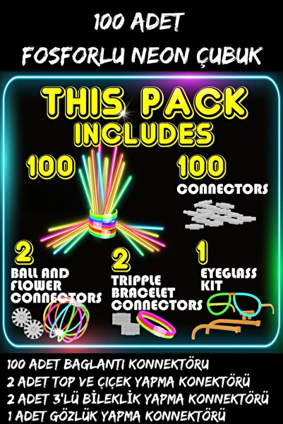 TechnoSmart 205 Parça Fosforlu Parti Çubuğu Seti 100 Fosforlu Çubuk Gözlük Bileklik Çiçek Aparatlı