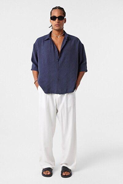 VAMOSCLO oversized Κοντομάνικο λινό πουκάμισο Navy Blue