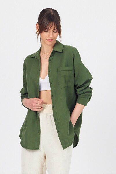 Rays Χακί Πουκάμισο Μουσελίνας Μονής Τσέπης 100% Βαμβακερό Oversize 4697A