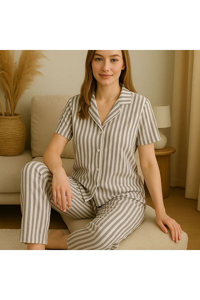 FENZO Women's Pocketed, Striped and Stylish Cotton Double Gray Bottom Top Double Set