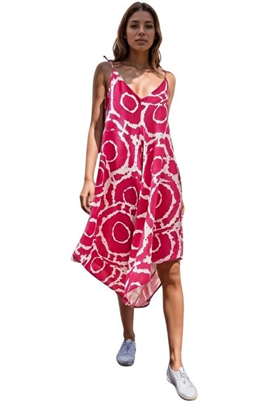 Cassime Women's Patterned Pink Rope Strap Summer Linen Viscose Loose Jumpsuit