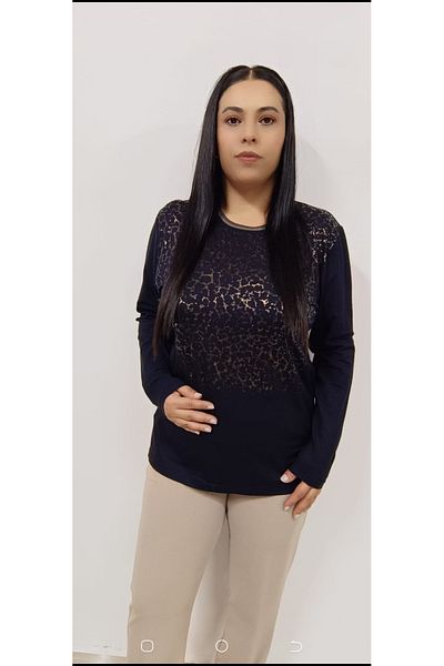 AKŞEN GİYİM Plus Size Leopard Print Stone Detail Cycling Collar Premium Quality Long Sleeve Mom