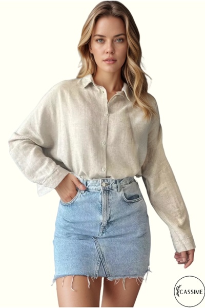 Cassime Kadın Taş Rengi Oversize Uzun Kollu Salaş Gömlek S-m-l-xl