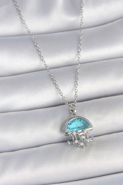 Skygo 316L Steel Silver Color Chain Blue Stone Jellyfish Model Pearl Detail Women's Necklace - Tj-Bko10042