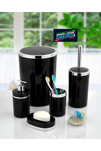 SAFİR 5 Piece Marble Patterned Bathroom Set - WC Brush Holder, Liquid-Solid Soap Dispenser, Dustbin, Toothbrush Holder