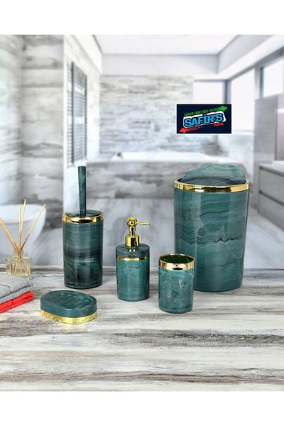 SAFİR 5 Piece Marble Patterned Bathroom Set - WC Brush Holder, Liquid-Solid Soap Dispenser, Dustbin, Toothbrush Holder