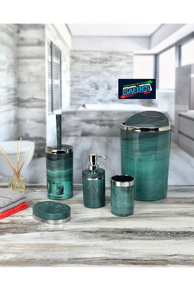 SAFİR 5 Piece Marble Patterned Bathroom Set - WC Brush Holder, Liquid-Solid Soap Dispenser, Dustbin, Toothbrush Holder