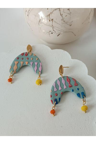 La fee aksesuar Bohemian & Ethnic Pattern Textured Bead Detail Dangle Women Earrings Polymer Clay Earrings