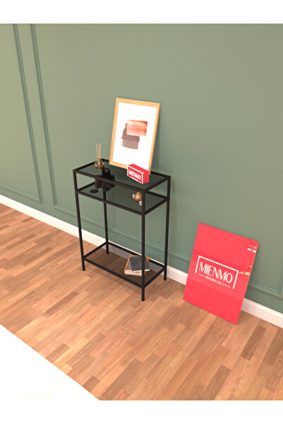 Mienmo Tave Metal Dresuar Dekoratif Çok Raflı Kahve Köşesi Konsol Siyah Füme Camlı 60 cm