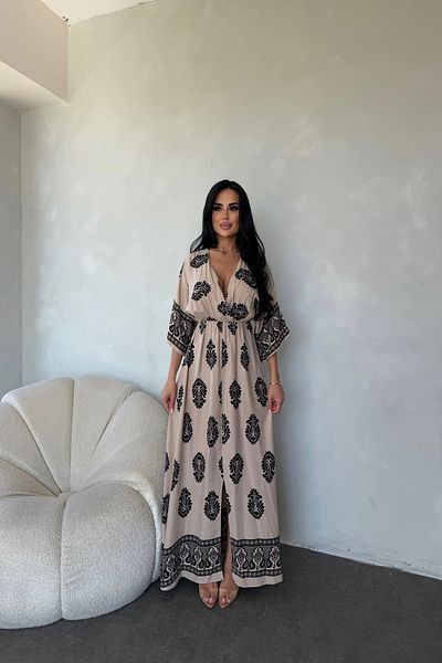 kamacibutik Double Breasted Collar Viscose Fabric Ethnic Patterned Dress