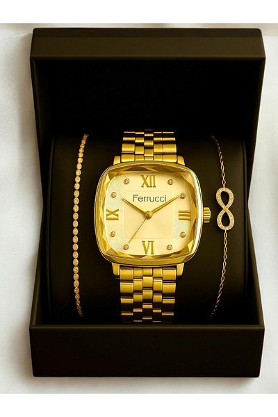 Ferrucci Model Women's Wristwatch Set with Stone Infinity & Waterway Bracelet Special Gift Box