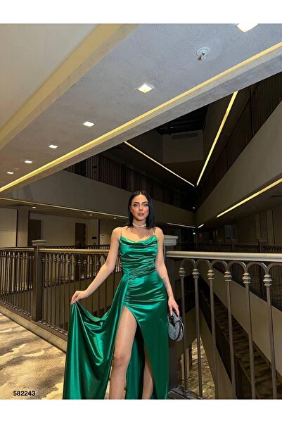 Modafeminen İnce Askılı Göğüs Drapeli Saten Elbise Yeşil 582243