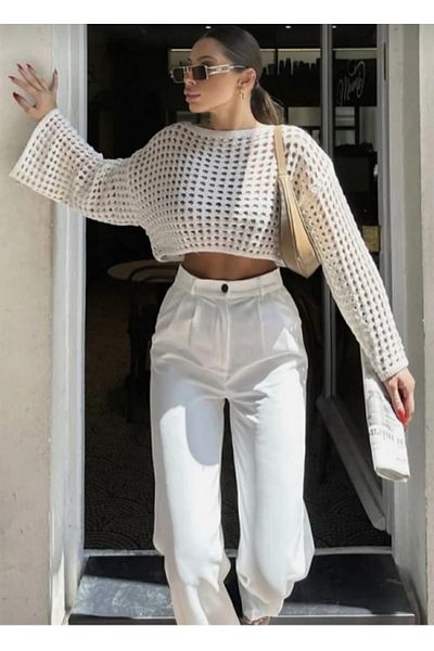 K-ODEA BUTİK Boat Neck Spanish Sleeve Ecru Perforated Blouse
