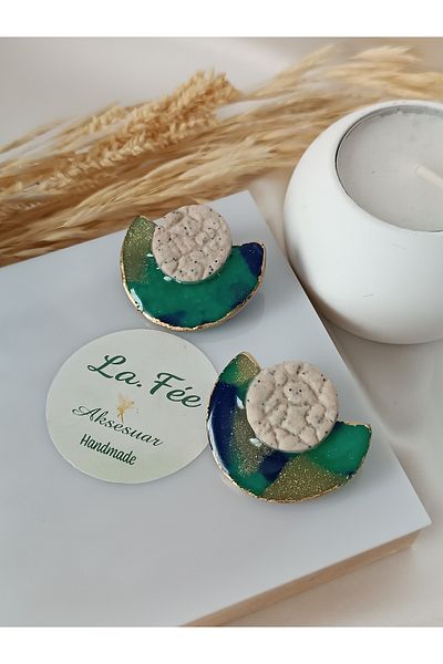La fee aksesuar Ocean & Sea Blue & Green Theme Handmade Polymer Clay Women Steel Earrings Shiny Detail Silvery