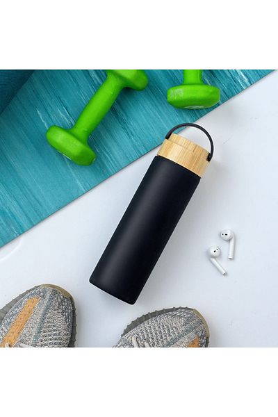 PUFO Termos metalic Traveler cu capac etanș din bambus, izotermic, 500 ml, negru