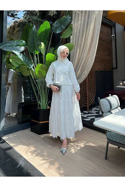 Denivy Lace Embroidered Hijab Double Set - Shirt and Floor Skirt Combination Dnv- 000043