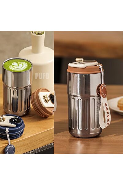 PUFO Luxury thermos mug with LED temperature indicator, 400 ml, silver/brown