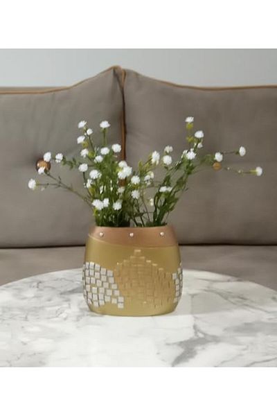 STOREMAX MUARTSHOP Περιλαμβάνεται, Λευκό Τεχνητό Λουλούδι, Διακοσμητικό Χρυσό Μωσαϊκό Πολυρεσίνη Βάζο 10x15x5cm 871301