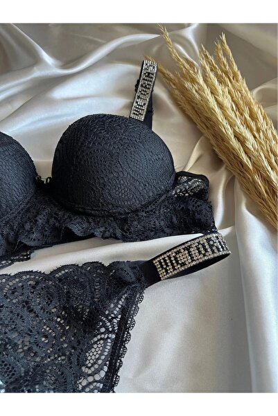 Pink Cadillac Mikro Kumaş Dantel Taşlı Askılı Dolgulu Sütyen Takım - Siyah