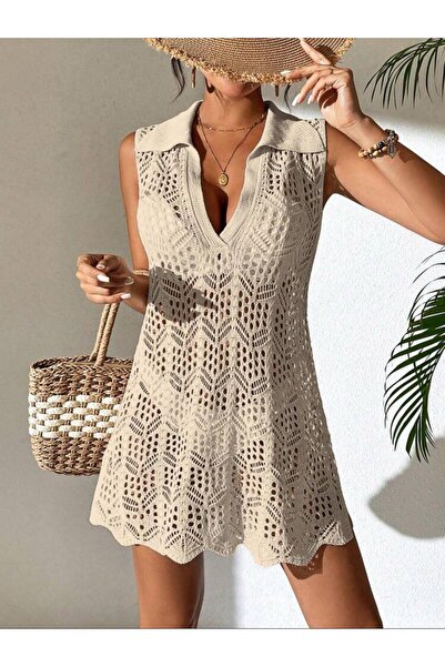 Gülçin Coşkun Gömlek Yaka Kolsuz Model Ajurlu %100 Pamuk Bikini Üstü Rahat Kalıp Triko Pareo-Plaj Elbisesi