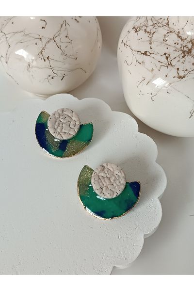 La fee aksesuar Ocean & Sea Blue & Green Theme Handmade Polymer Clay Women Steel Earrings Shiny Detail Silvery