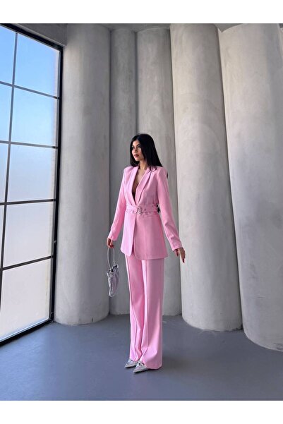 BARG FASHION Kadın Kemerli Ceket Pantalon Takım
