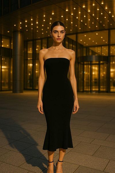 by eymen design Rochie midi din jerseu, fără bretele, cu volane, pentru femei, 583224, neagră