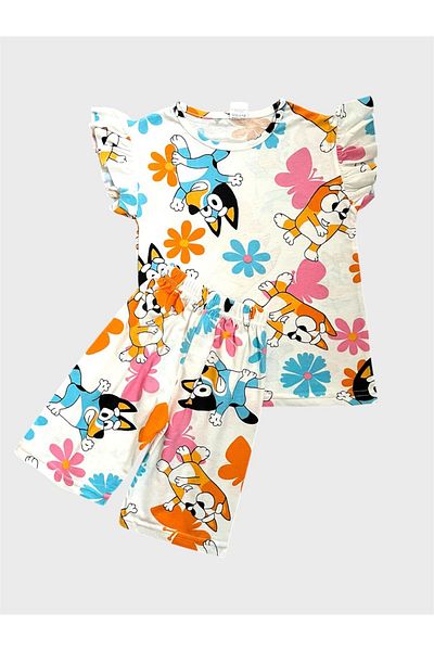 ALİŞ KİDS Girl's Cotton White Color Bluey Patterned Short Sleeve Summer Shorts Pajama Set