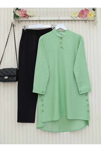 Modamorfo Judge Collar Tunic with Button Detail on the Sides -A.Green