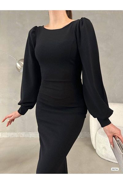 Modafeminen Φόρεμα με μπαλόνι μανίκι ψαριού μοντέλο Maxi Boy Imported Crepe Fabric Dress 582744 Μαύρο