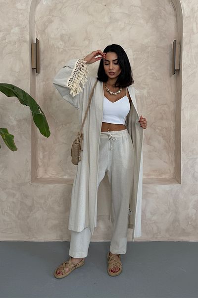 Ortaya Çık Stone Tassel Detailed Raw Linen Kimono Set