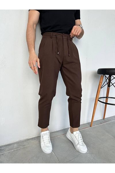 MODA Brown Pleated Boyfriend Waist Drawstring Pants