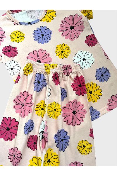 ALİŞ KİDS Girl's Cotton Crochet Color Floral Patterned Short Sleeve Summer Shorts Pajama Set