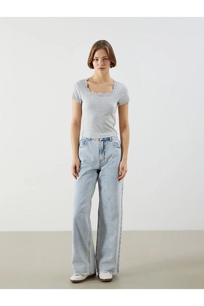 LC Waikiki Xside Gray U Neck Lace Detailed Crop