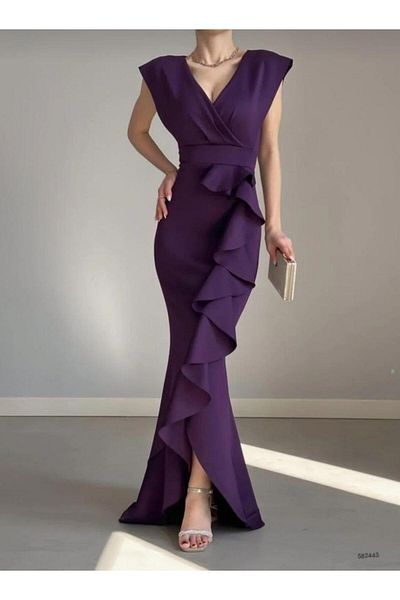 Modafeminen Double Breasted Neckline Flounced Wedding Dress and Graduation Dress 582663 -Purple